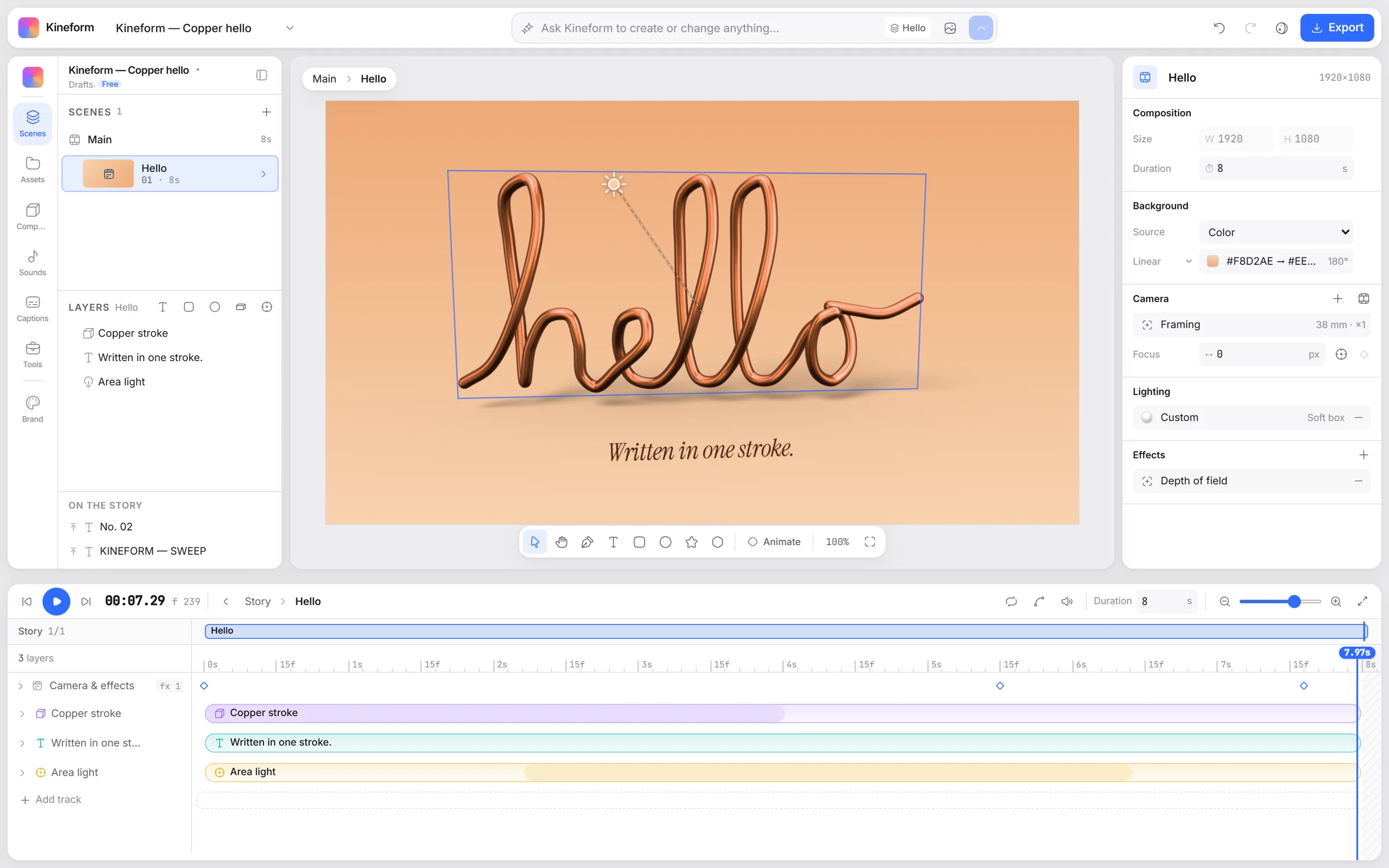 The Kineform studio: a copper 3D sweep on a peach floor, with layers, inspector and timeline
